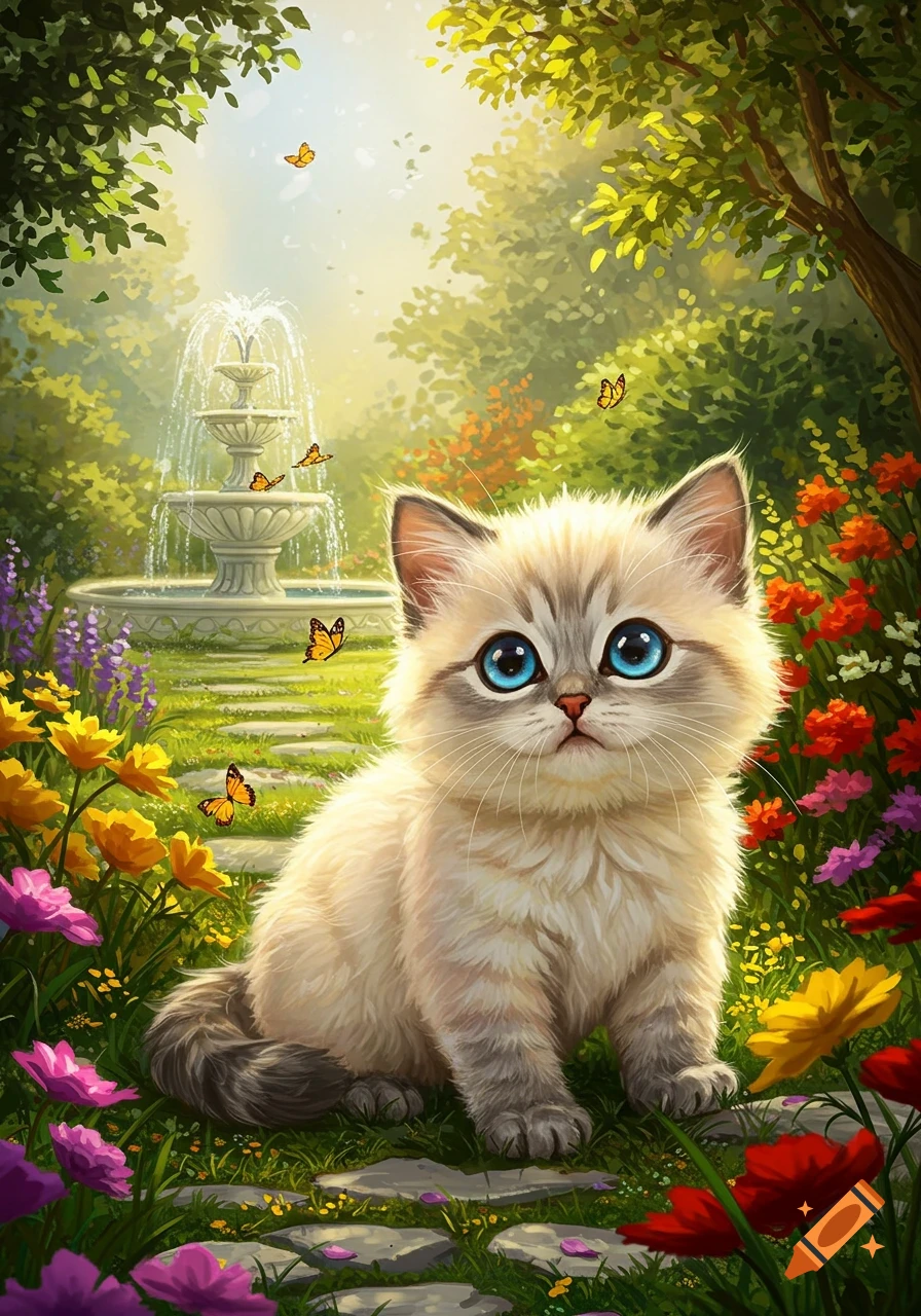 A cute, fluffy white and grey kitten with large blue eyes sits in a vibrant, colorful garden with a fountain and butterflies.