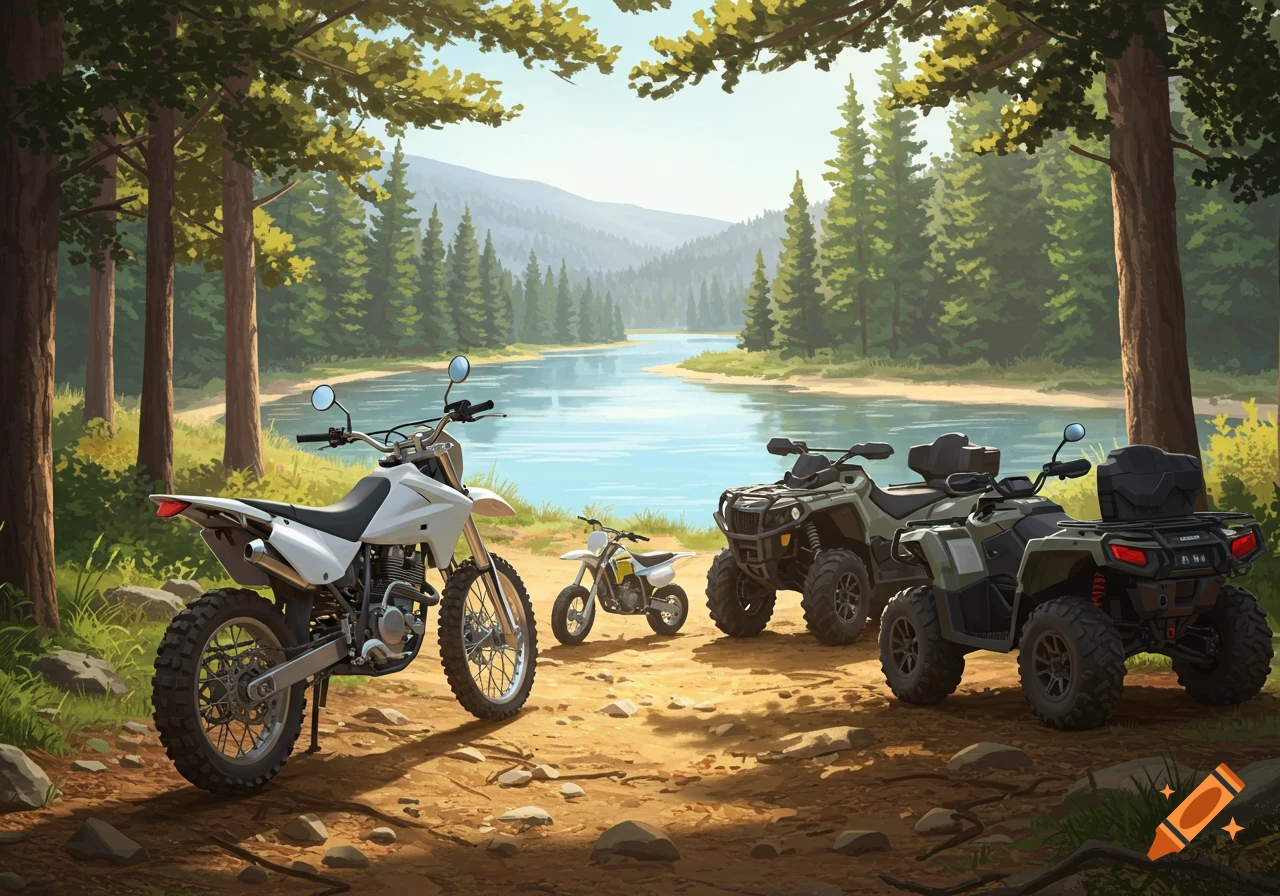 A white dirtbike, two green ATVs, and a yellow mini bike on a dirt trail by a river with a forest and mountains.