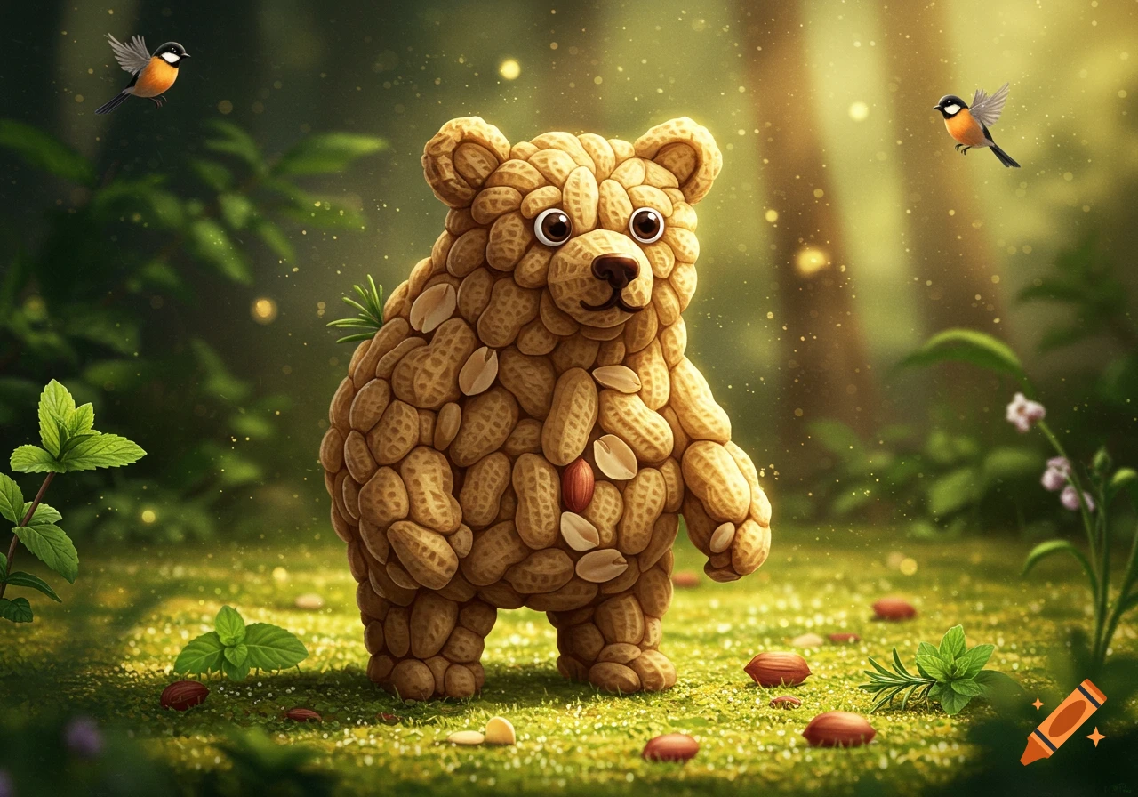 A whimsical bear figure made entirely of peanuts stands in a lush, sun-dappled forest, with small birds flying nearby.