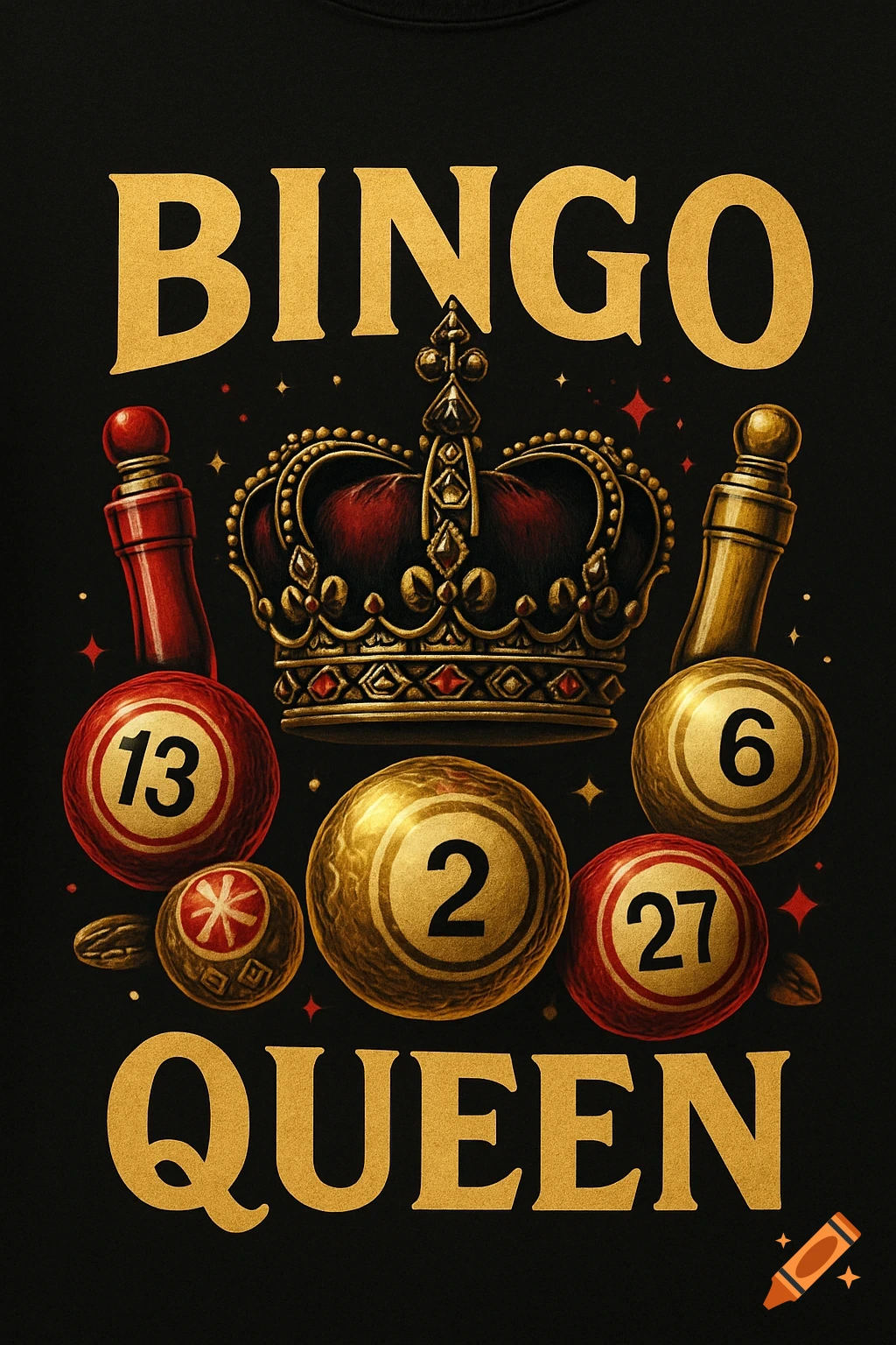 A black t-shirt design with "BINGO QUEEN" in gold text, featuring a gold and red crown, red and gold bingo balls with numbers 13, 2, 6, 27, and bingo daubers.
