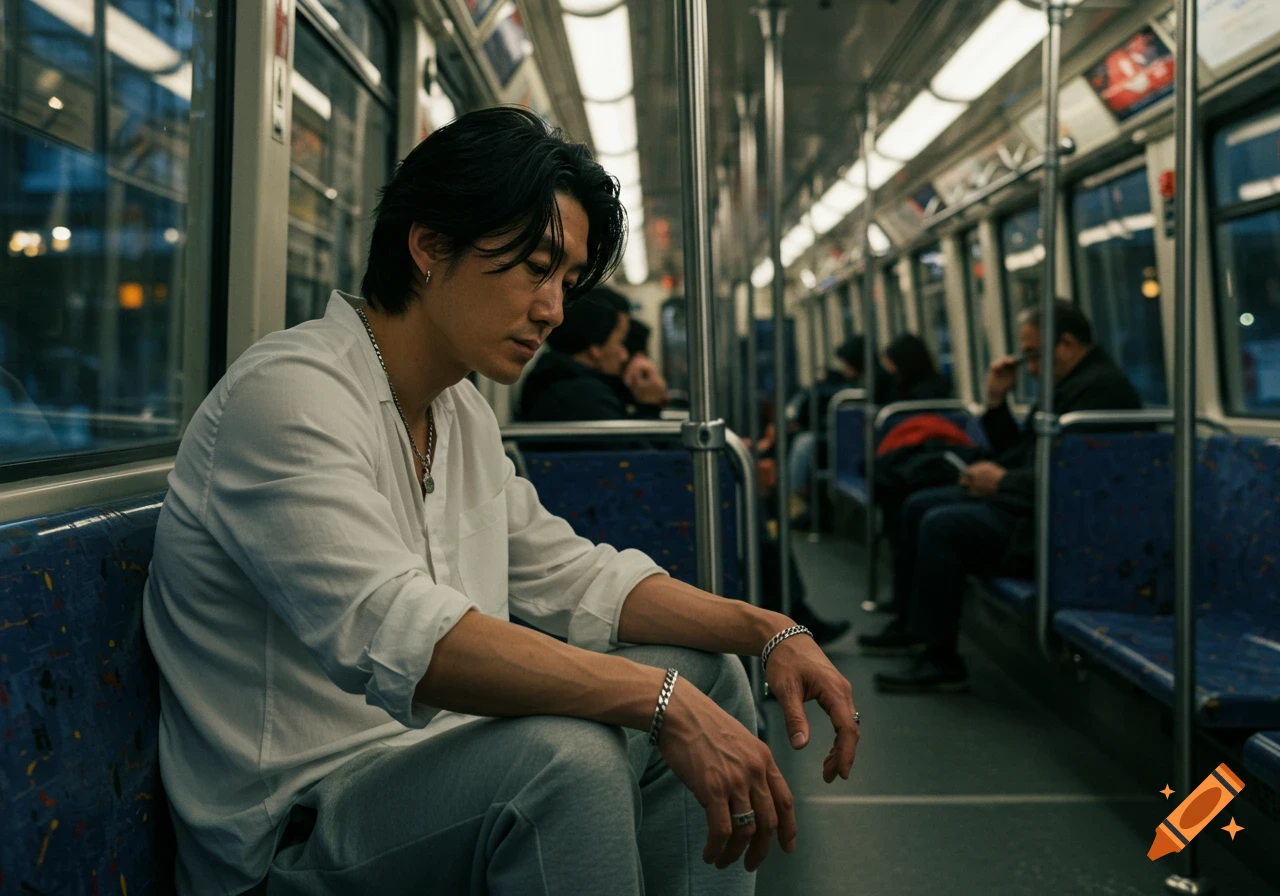 An Asian man with black hair and silver jewelry sits in a white shirt and gray sweatpants on a train.