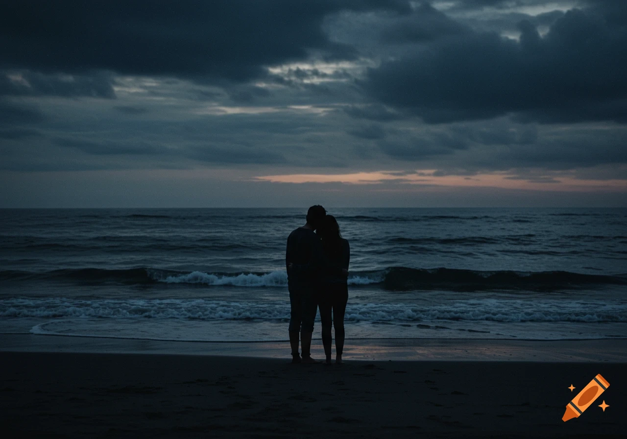 A couple silhouetted on a dark beach, cuddling and looking out at the ocean under a cloudy sky. Realistic and grainy.