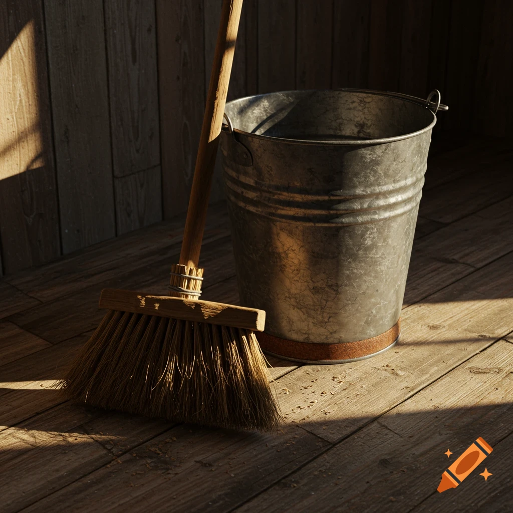 A wooden broom leans against a rustic wooden wall next to a metal bucket on a sunlit wooden floor.