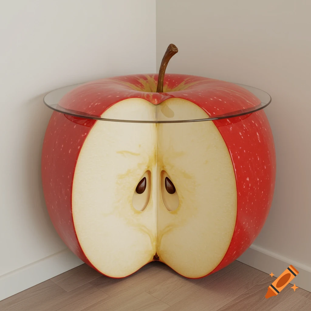 A photorealistic corner table shaped like a large red apple cut in half, revealing its white flesh and seeds, set against a white wall and wood floor.