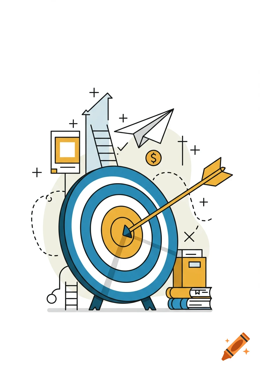 A vector illustration of a target with an arrow hitting the bullseye, symbolizing goals and success, with a ladder, paper airplane, books, and a dollar sign.