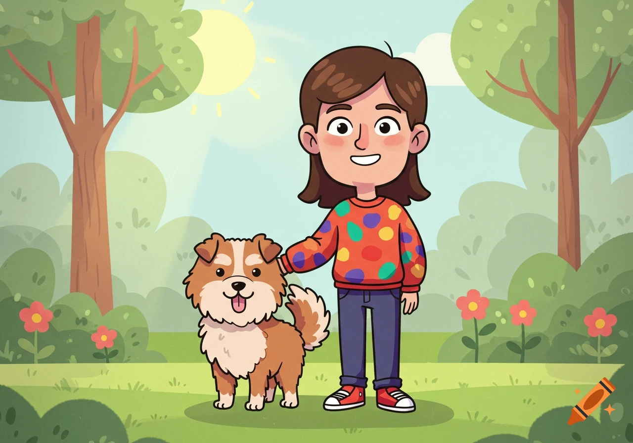 A cartoon girl with brown hair pets a smiling brown and white dog in a green park under the sun.