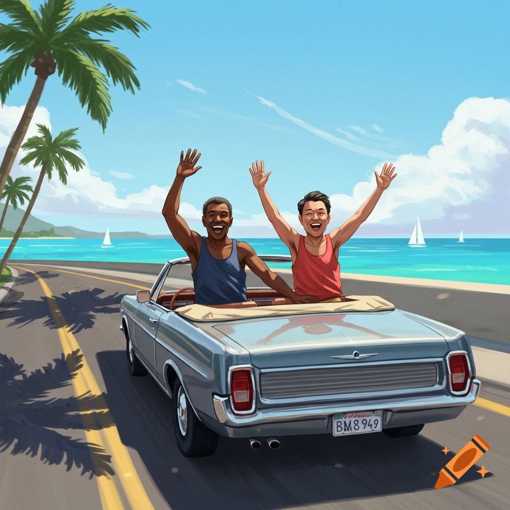 Two happy men in tank tops waving from a convertible car driving along a coastal road with palm trees and the ocean.