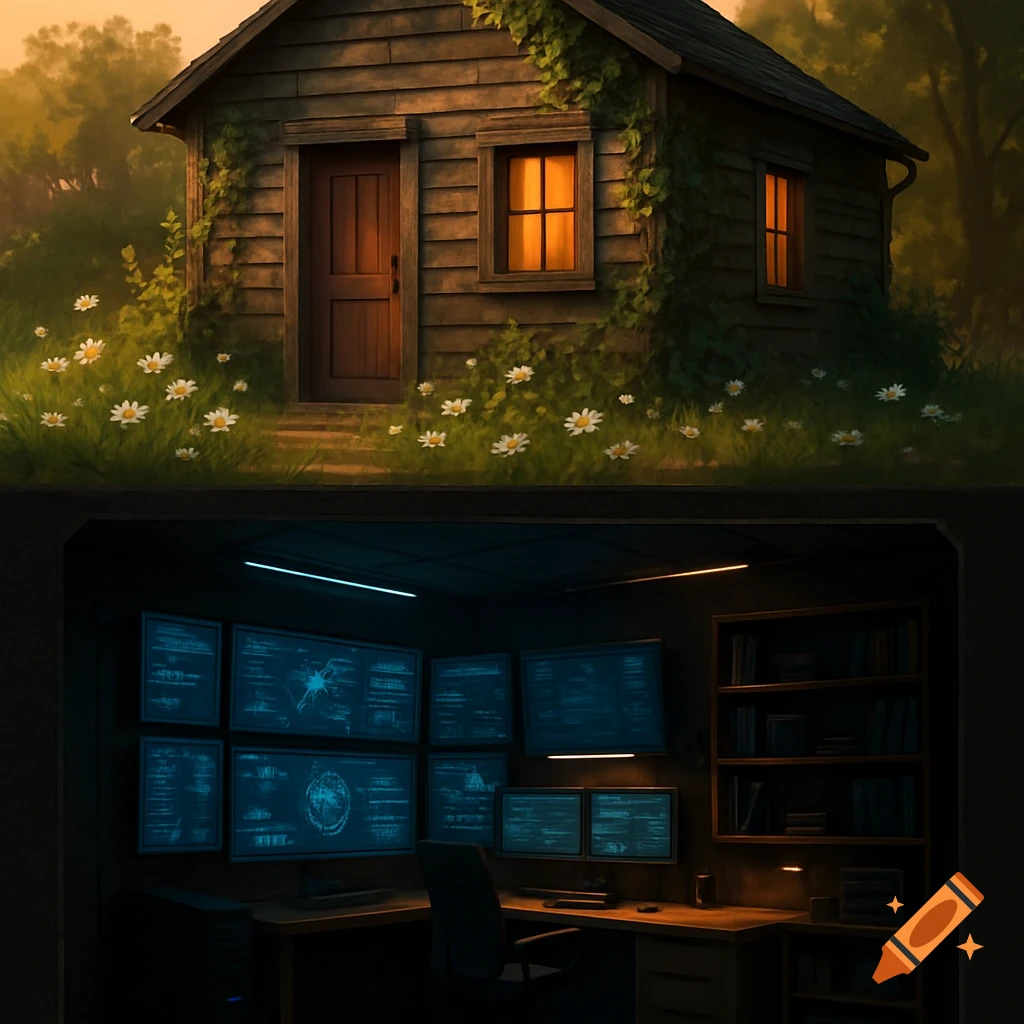 A rustic wooden house with ivy and daisies sits above a secret, high-tech hideout room with multiple computer monitors.
