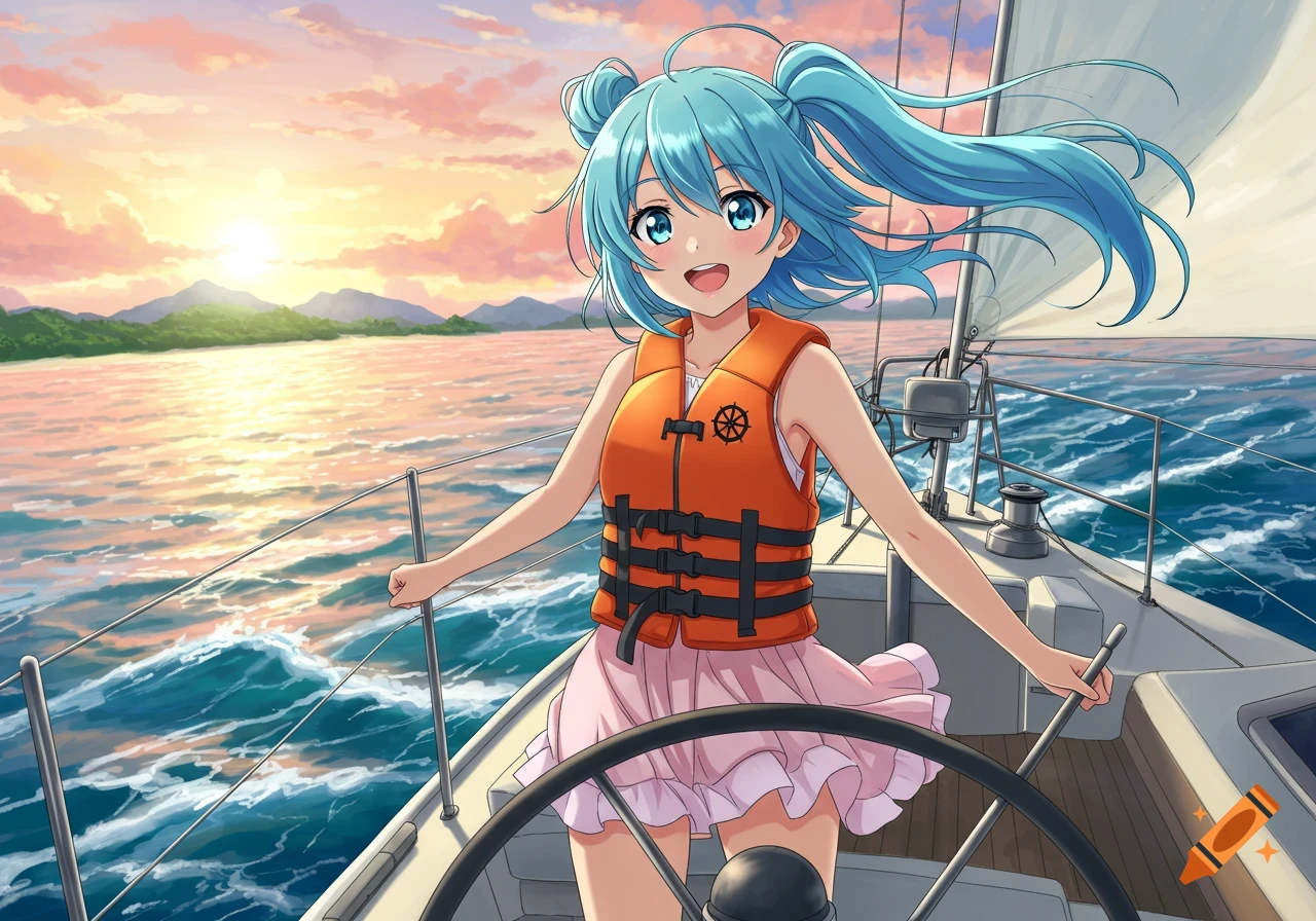 An anime girl with blue hair in pigtails smiles, wearing an orange life vest and pink skirt, standing on a sailboat at sunset.