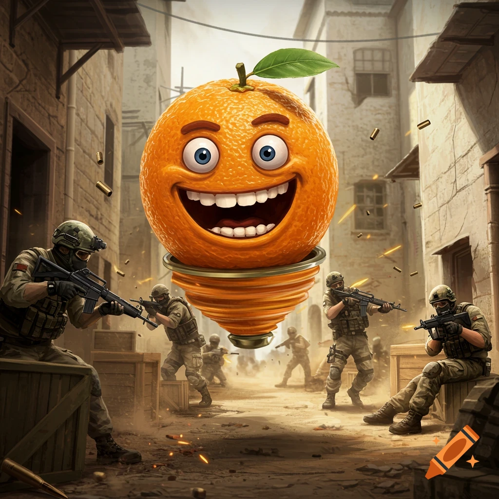 A giant cartoon orange with a wide grin floats over soldiers engaged in a firefight in a destroyed city street.