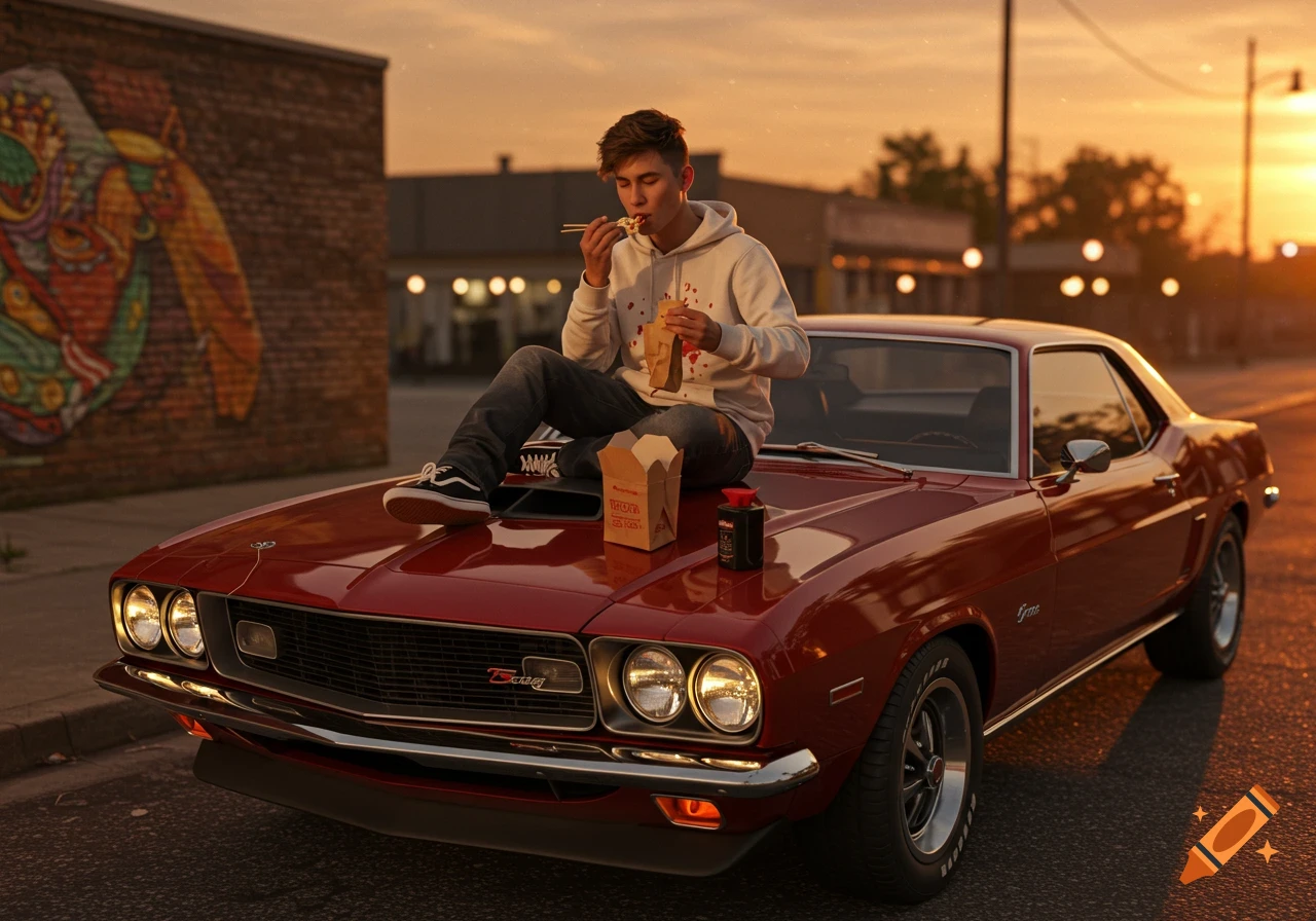 A young man sits on the red hood of a classic car, eating takeout with chopsticks at sunset on a city street.