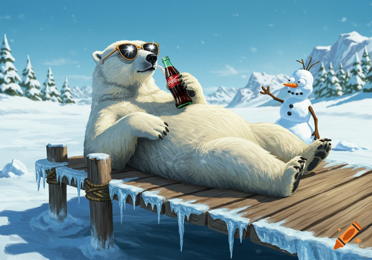 An illustration of a polar bear in sunglasses sipping a drink on a snowy dock with a snowman nearby.