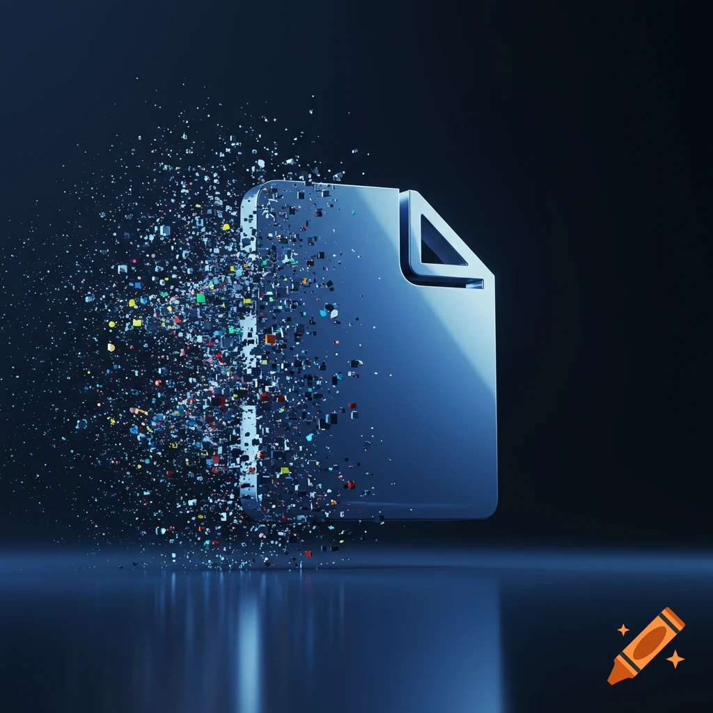 A shiny blue computer file icon disintegrating into colorful pixels on a dark, reflective surface.