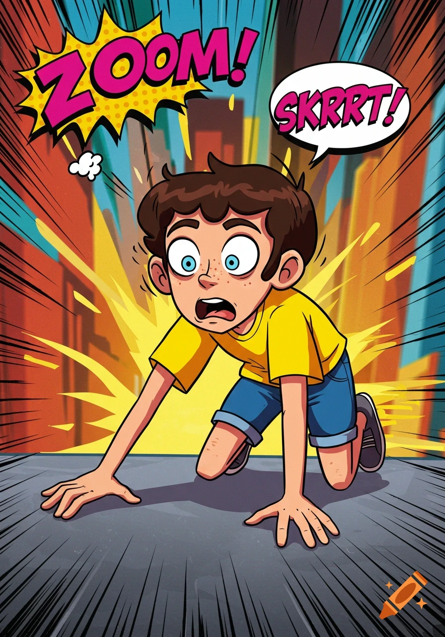 Cartoon boy with wide eyes crawling away in comic book style with 'ZOOM!' and 'SKRRRT!' text effects.