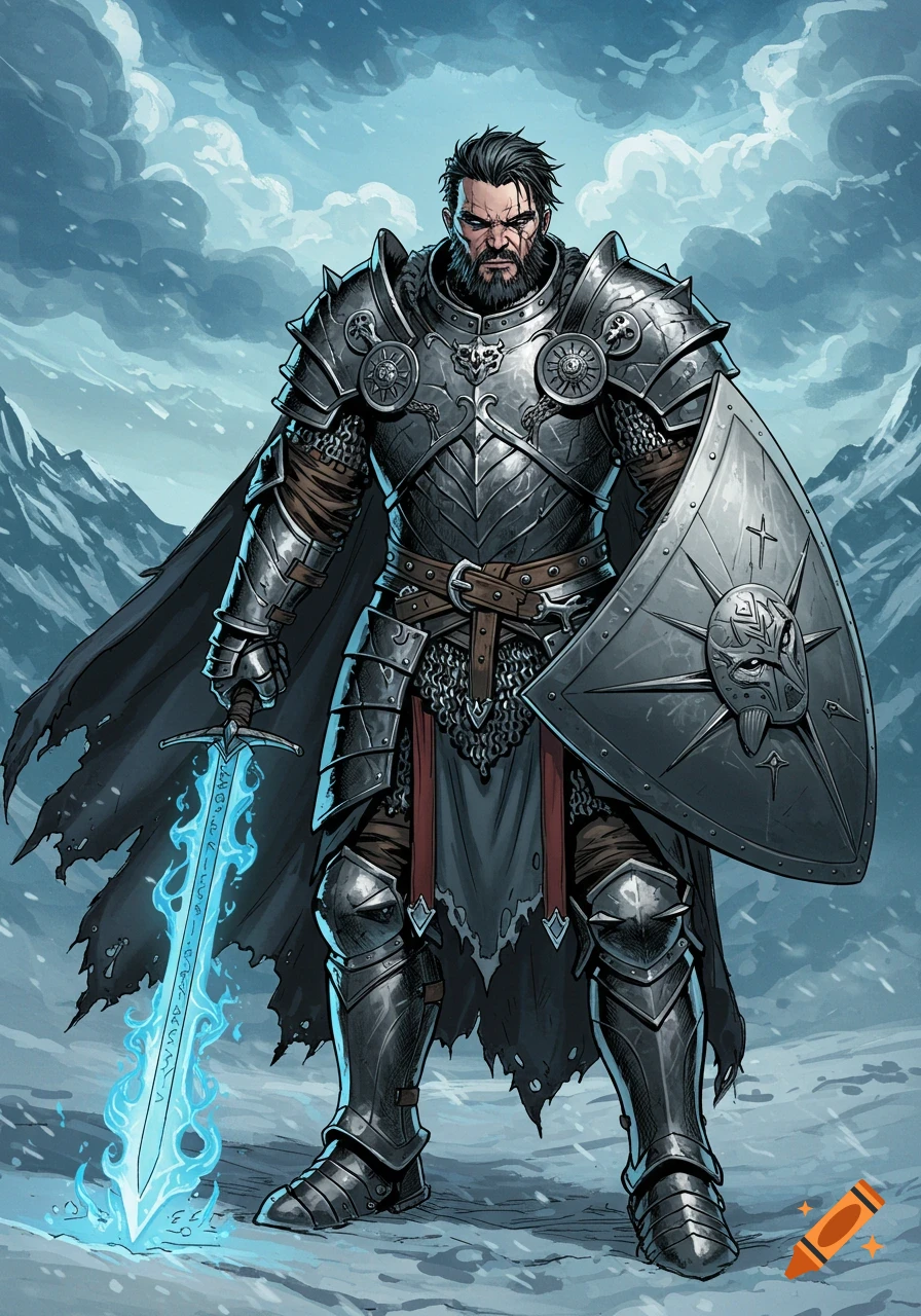 A fantasy knight in heavy silver armor with a glowing blue magic sword and shield stands in a snowy mountain landscape, rendered in a comic book art style.
