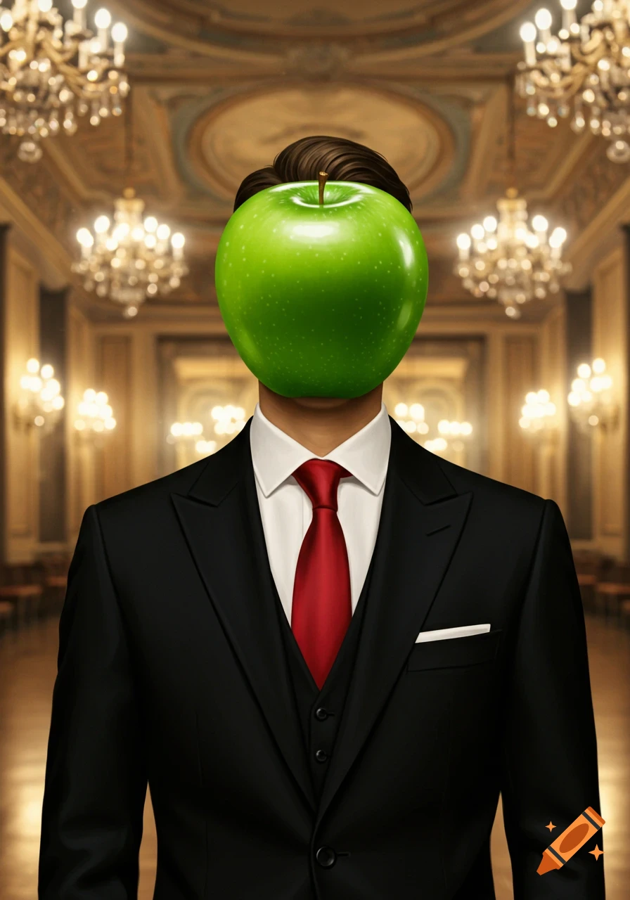 Photorealistic surreal portrait of a man in a black tuxedo with a red tie, a green apple covering his face, in an elegant hall.