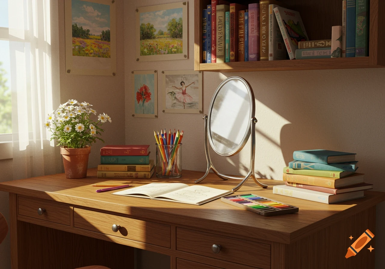 A sunlit wooden desk with a potted plant, books, art supplies, and a mirror. Artwork and a bookshelf are visible in the background.