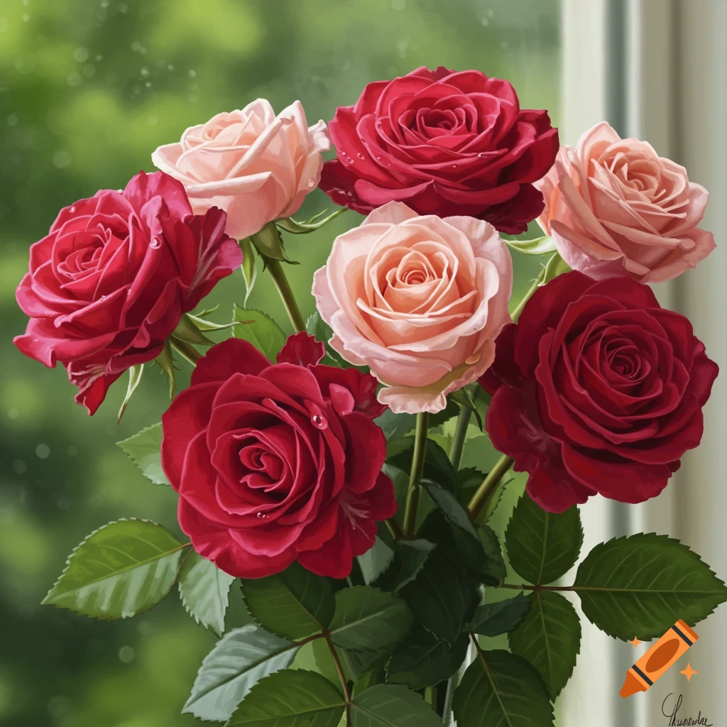 A close-up of a bouquet of red and pink roses with green leaves, with a soft green background visible through a window.