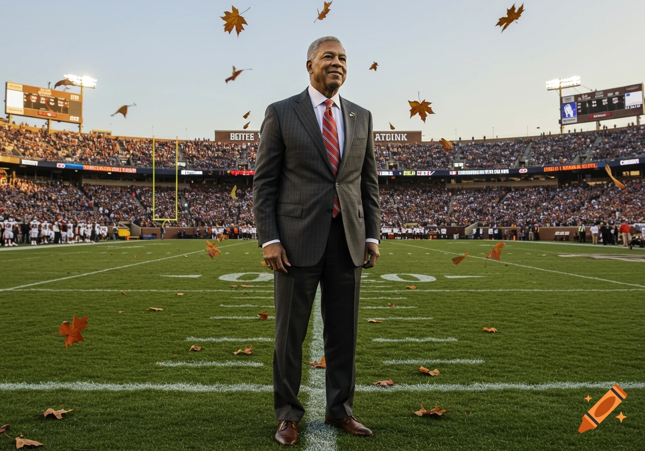 A man in a suit stands on a football field with stadium seating in the background and autumn leaves falling around him.