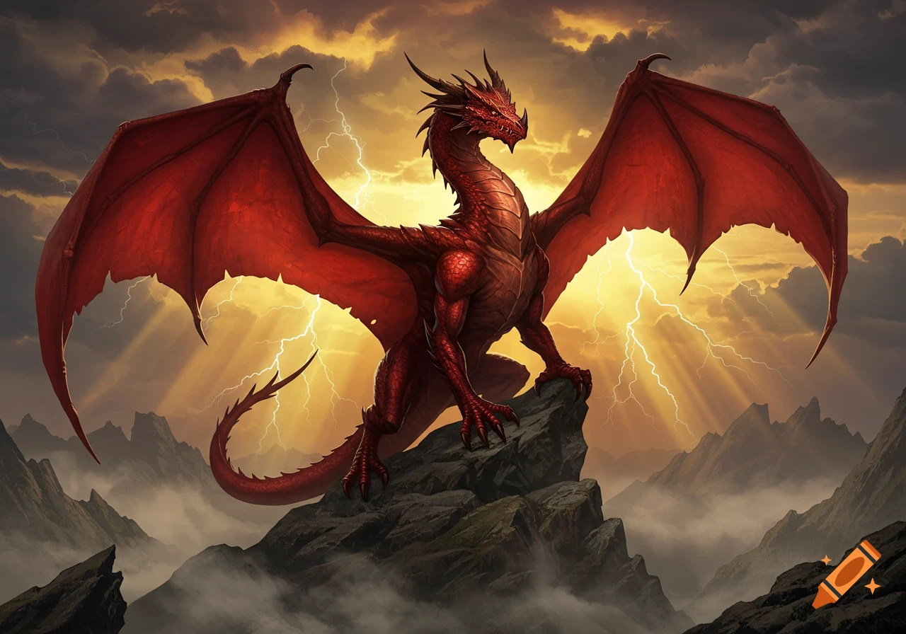 A fierce red dragon with large, bat-like wings perches atop a rocky mountain peak against a dramatic, lightning-filled golden sky.