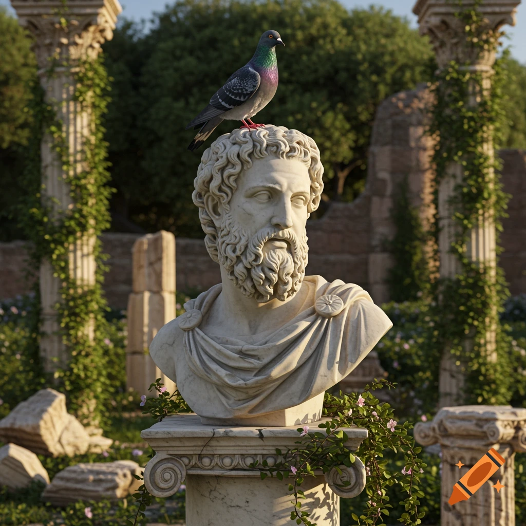Photorealistic Roman marble bust of a bearded man with a pigeon on his head, set in ancient ruins with overgrown greenery.
