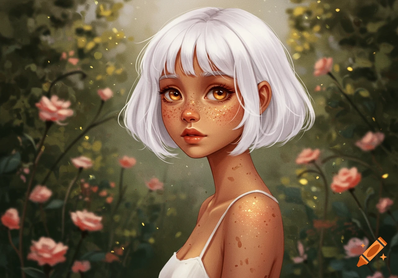 A stylized portrait of a young girl with short white hair, glowing golden eyes, and prominent freckles, wearing a white strap top, against a soft-focus background of green foliage and pink roses with glowing particles.
