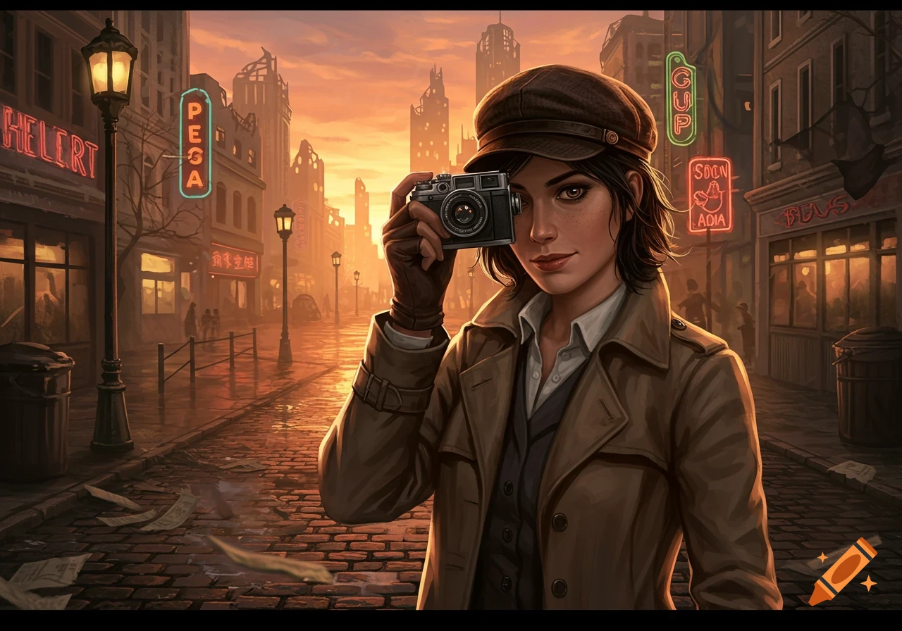 A woman in a trench coat and cap holds a vintage camera on a wet, cobblestone city street at sunset with neon signs.