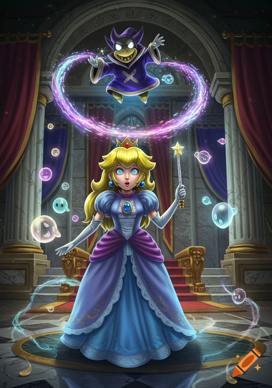 Princess Peach in a castle looks surprised as Kamek floats above, casting magic amidst ghost-like creatures. Digital illustration.