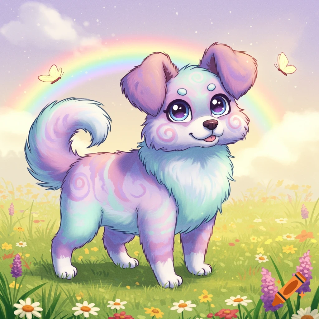 A cute, stylized pastel-colored puppy with large eyes stands in a vibrant flower field under a rainbow, with butterflies fluttering around.