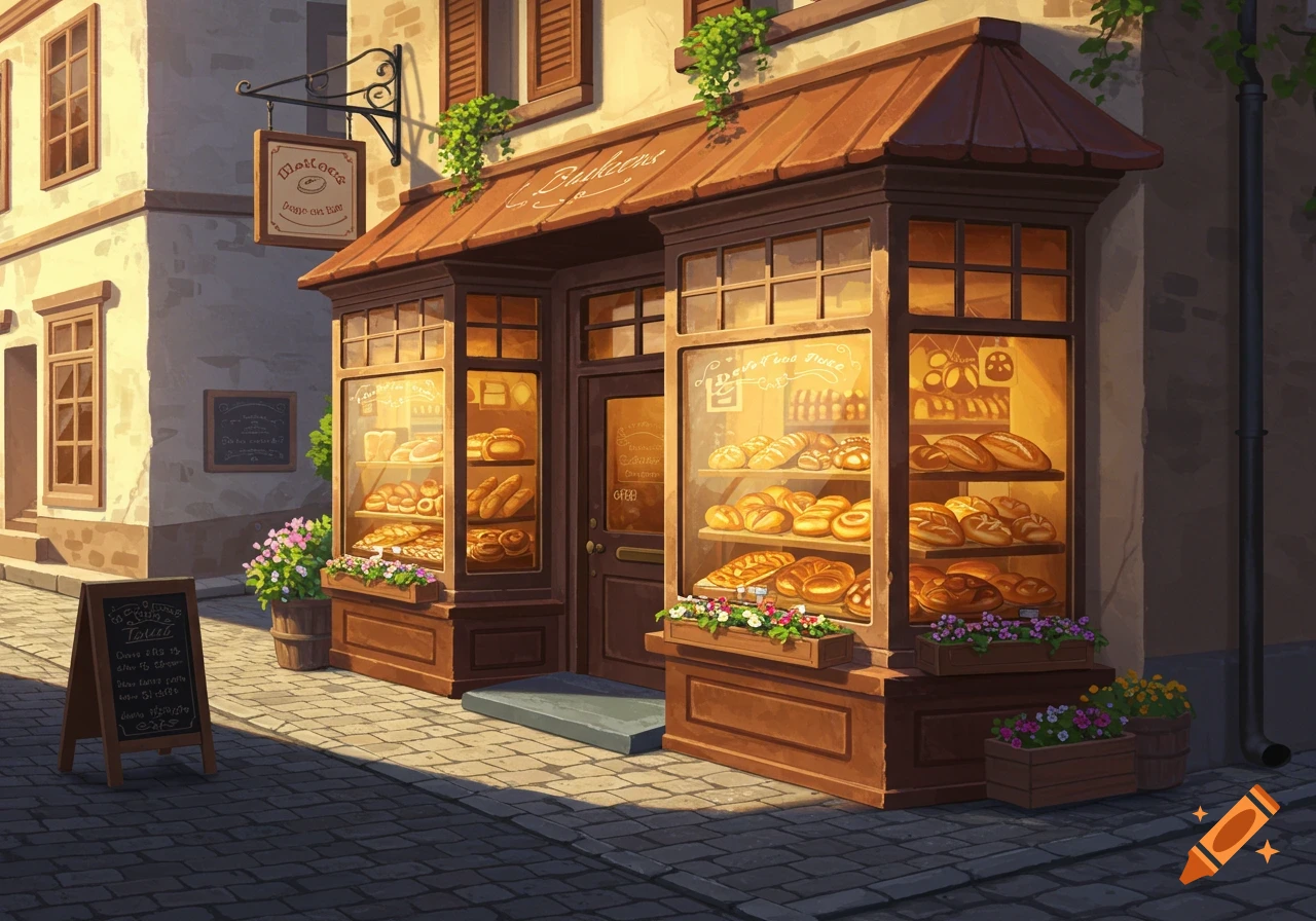 A charming, warm-lit bakery shop with large display windows showcasing various baked goods, flowers, and signs on a cobblestone street.