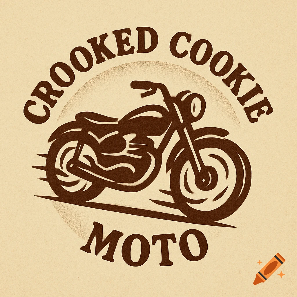 A vintage-style, one-color logo featuring a classic motorcycle silhouette with the text "Crooked Cookie Moto" arched above and below.