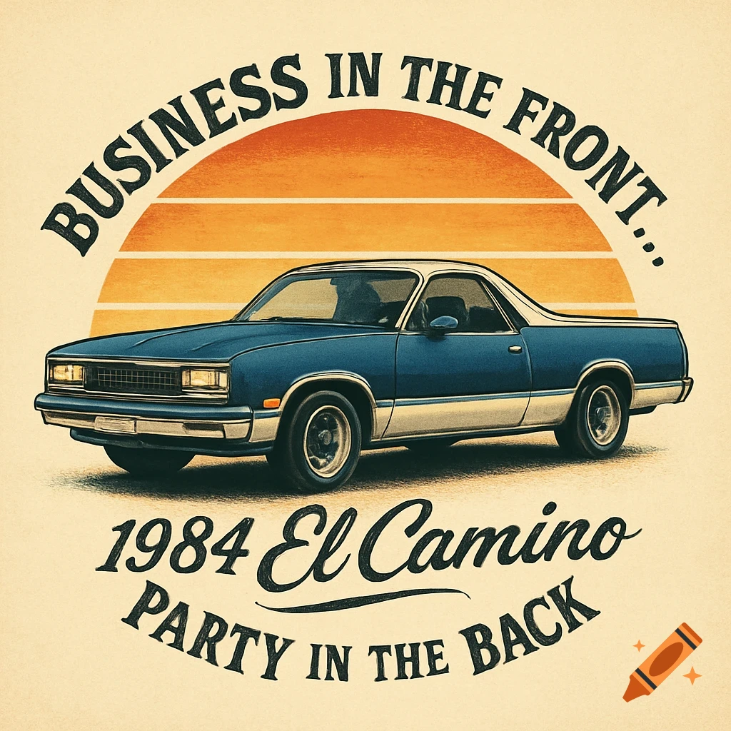 Logo of a blue and white 1984 El Camino against an orange sunset, with text 'BUSINESS IN THE FRONT..' and 'PARTY IN THE BACK'.
