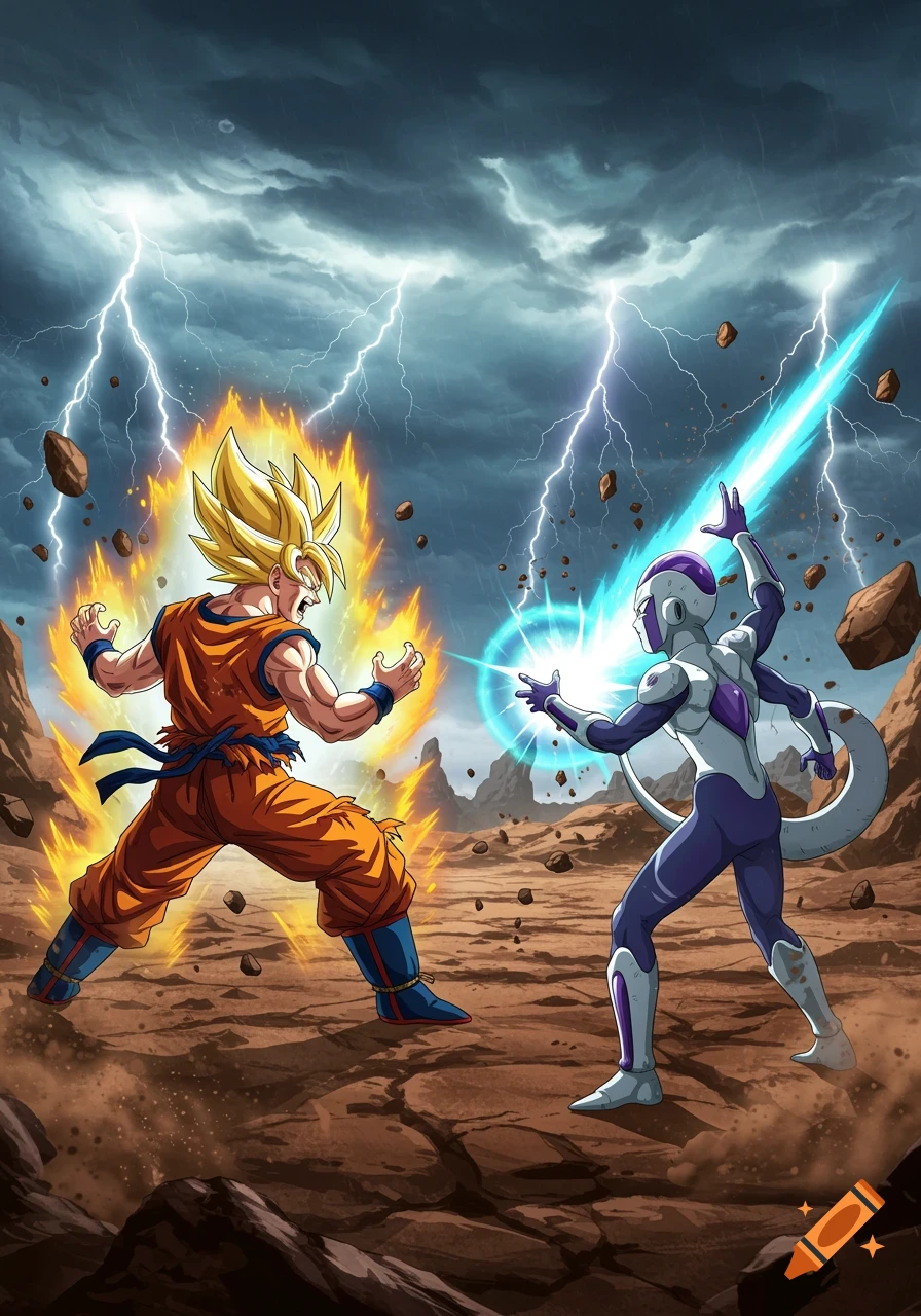 Goku in Super Saiyan form with a yellow aura battles Frieza firing a blue energy beam, set in a rocky landscape under a stormy, lightning-filled sky in an anime style.