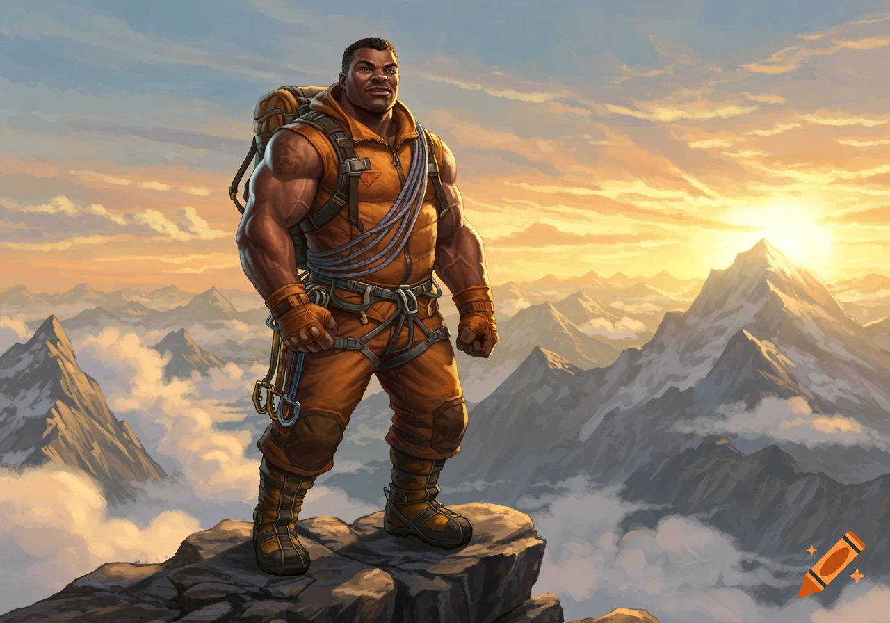 Muscular male climber in orange gear stands on a mountain peak at sunset, detailed fantasy art.