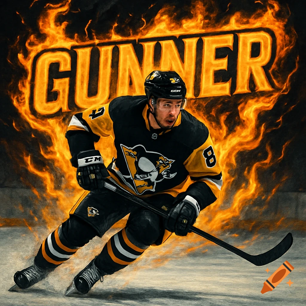 A hockey player in a black and yellow Pittsburgh Penguins uniform skates on ice with orange flames and the word 'GUNNER' in the background.