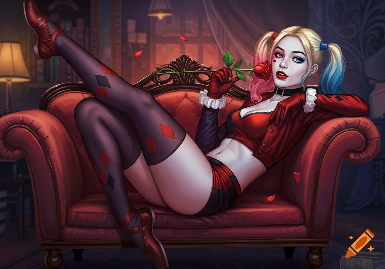 An illustration of Harley Quinn reclining on a red couch, holding a rose to her lips. She wears a red and black jester-themed outfit and diamond-patterned stockings.