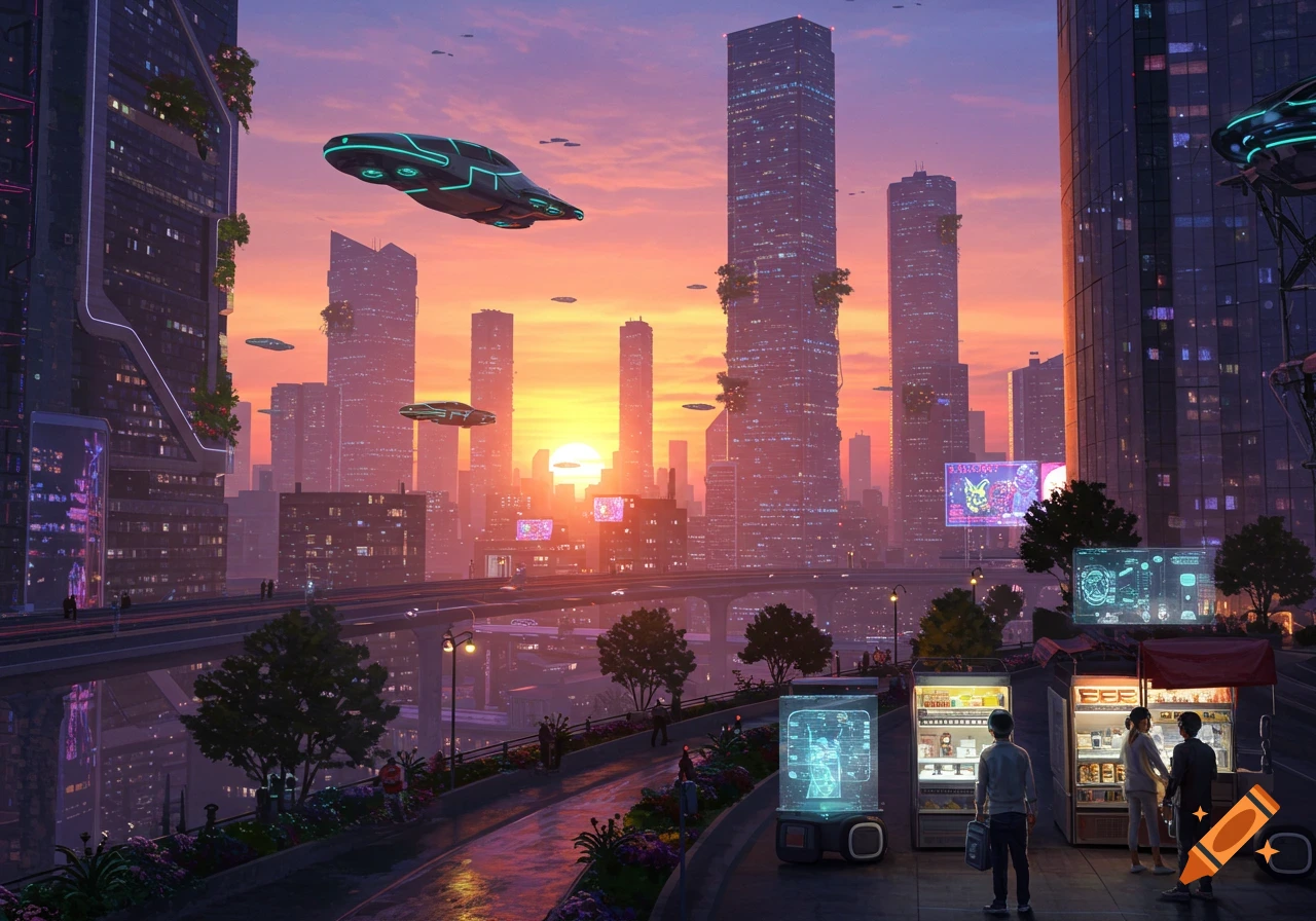 A vibrant futuristic city at sunset with skyscrapers, flying vehicles, and glowing signs.