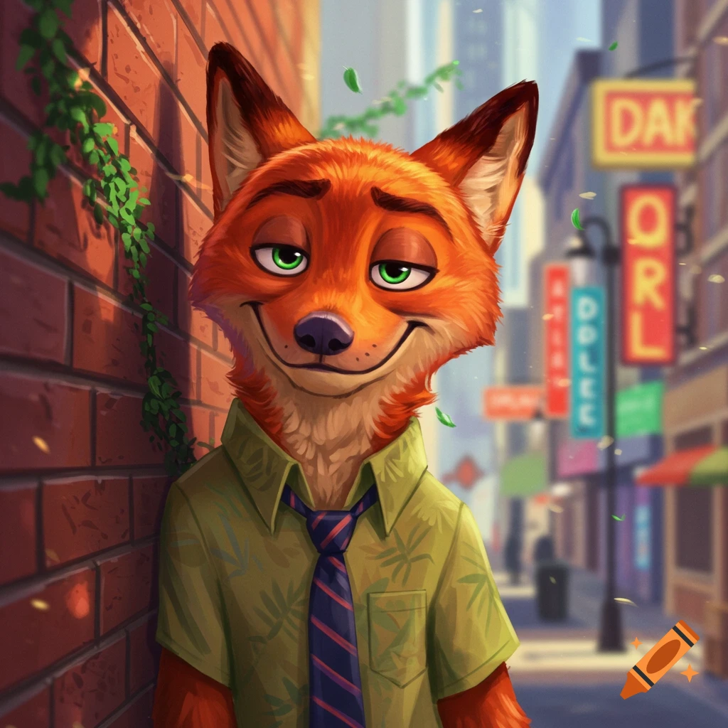 Nick Wilde, an orange fox, in a green shirt and tie, leaning on a brick wall in a cartoon city.