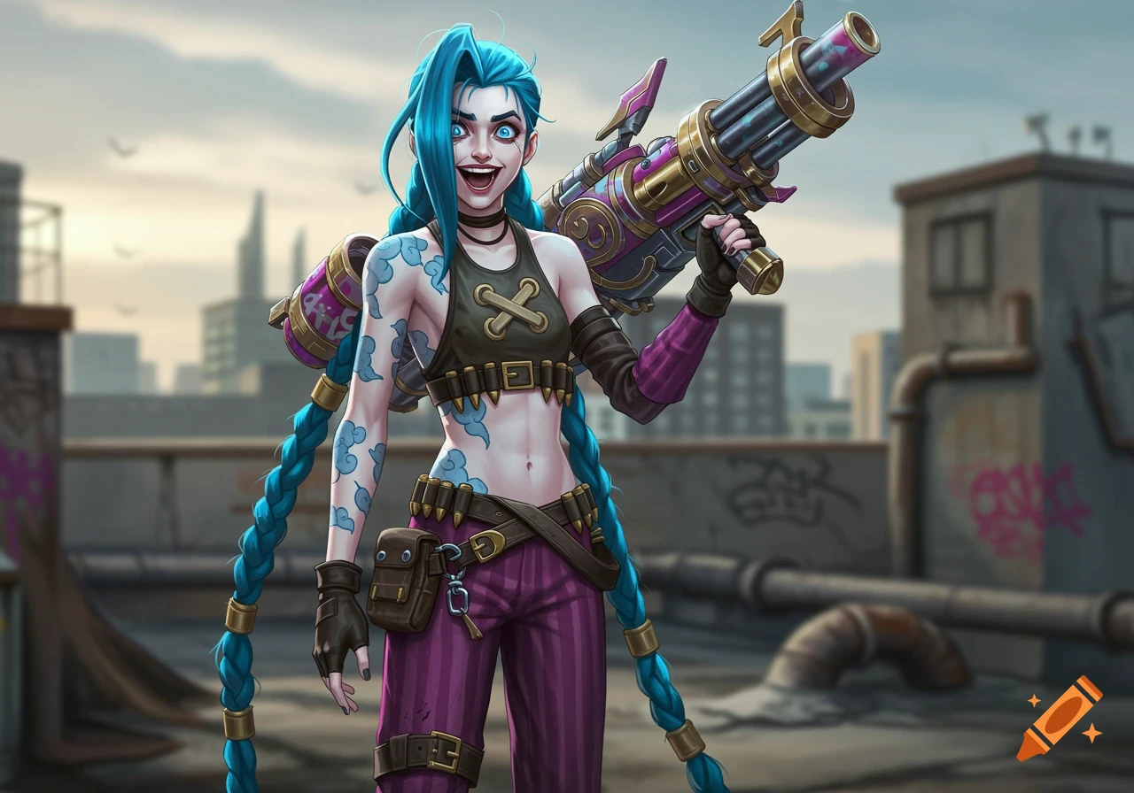 Jinx from League of Legends on a city rooftop, holding a large gun, with long blue braided pigtails.