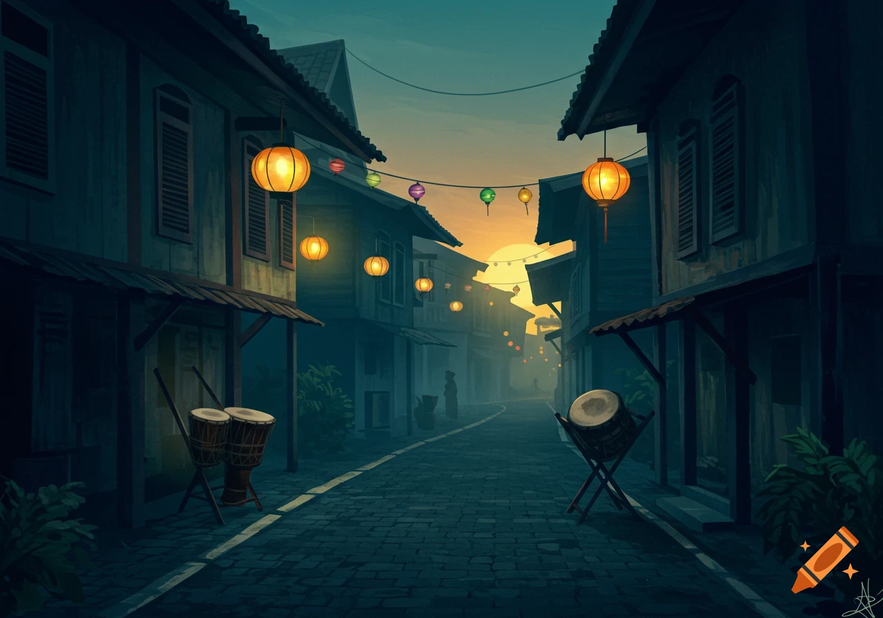 An illustrated street scene at dusk with illuminated lanterns strung across old buildings and two drums on stands.