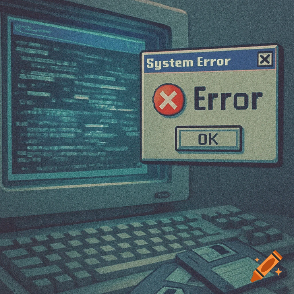 Pixelated retro image of an old computer with a 'System Error' pop-up and floppy disks in the foreground.
