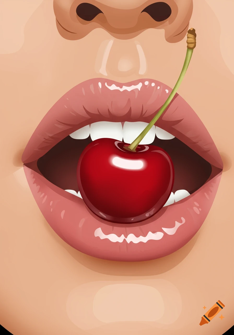 Close-up illustration of glossy lips and nose, with a red cherry held inside the open mouth by its stem.
