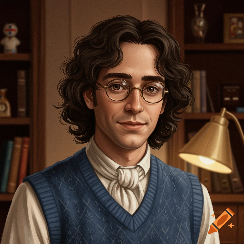 Digital painting of a nerdy man with wavy dark hair, round glasses, and a blue sweater vest, smiling shyly in a room with bookshelves.