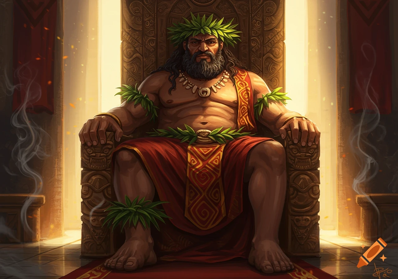 A large, bearded man with a leaf crown and royal robe sits on an ornate throne.