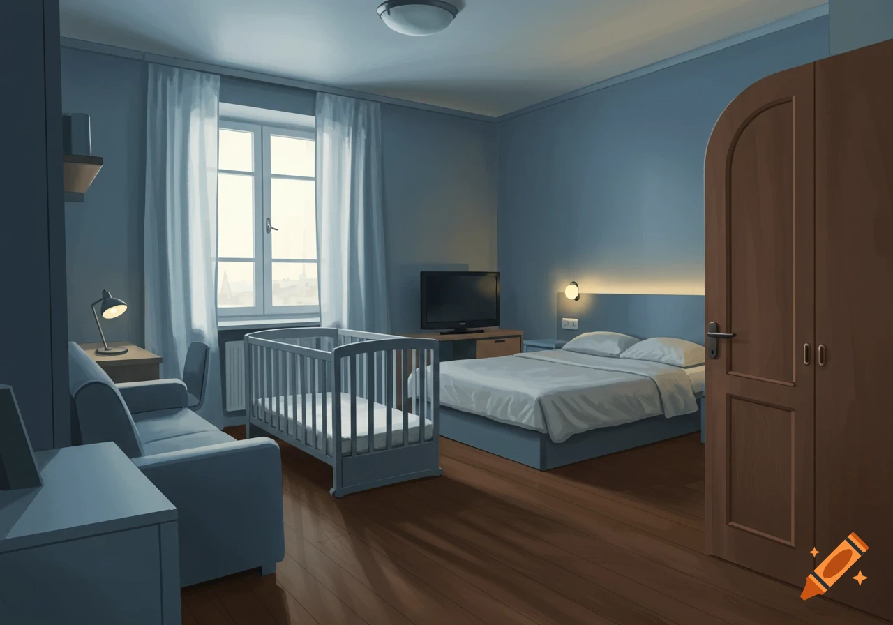An illustrated bedroom with a double bed, baby crib, window, sofa, desk, TV, and wooden door.