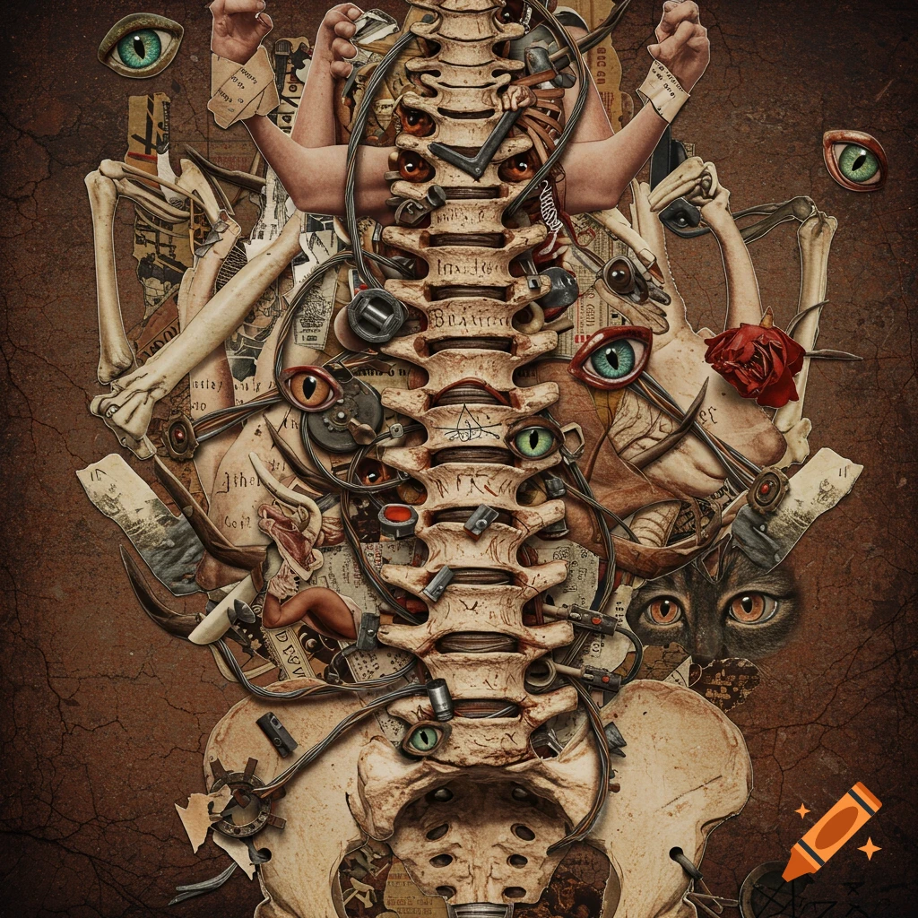 A dark, surreal collage features a human spine decorated with mechanical parts, wires, and numerous cat and human eyes amidst layered bones, limbs, and torn paper.