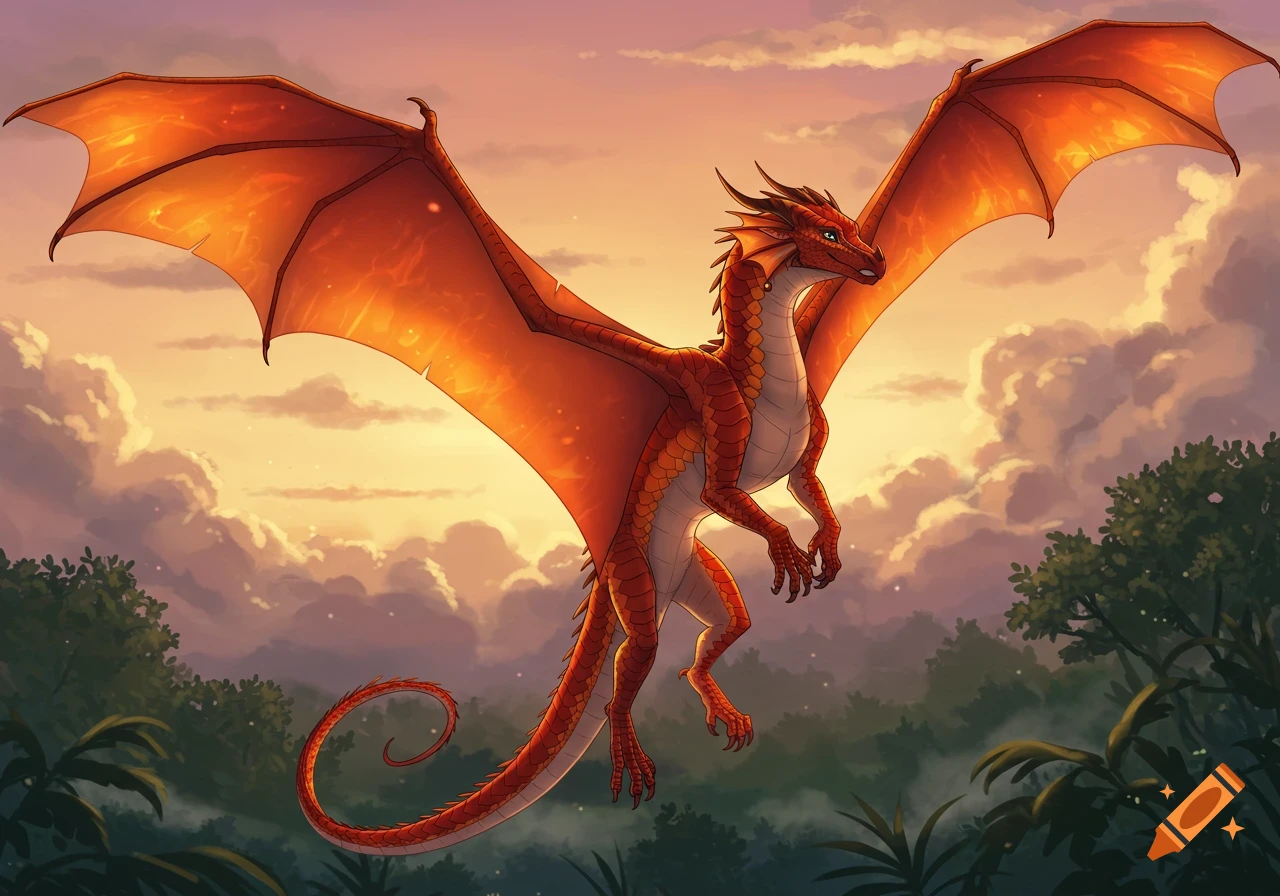 A majestic red dragon with large wings soars above a lush jungle against a vibrant sunset sky.