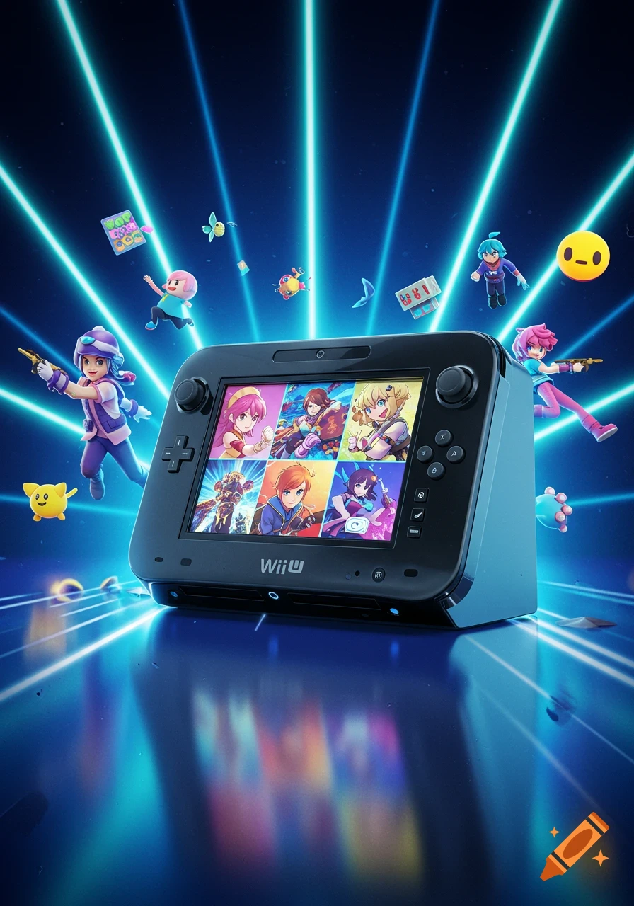 A Nintendo Wii U console surrounded by glowing blue light rays and stylized video game characters in a digital art style.