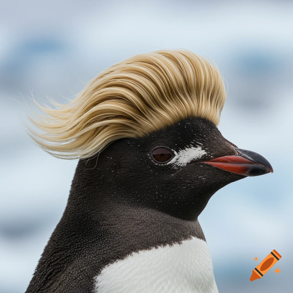 Close-up photorealistic headshot of a penguin with a blonde combover.