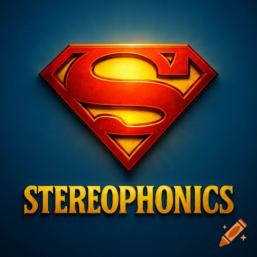A 3D rendering of the red and yellow Superman S logo above the golden text "STEREOPHONICS" on a dark blue background.